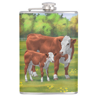Hereford Cow & Cute Calf in Summer Pasture Flask