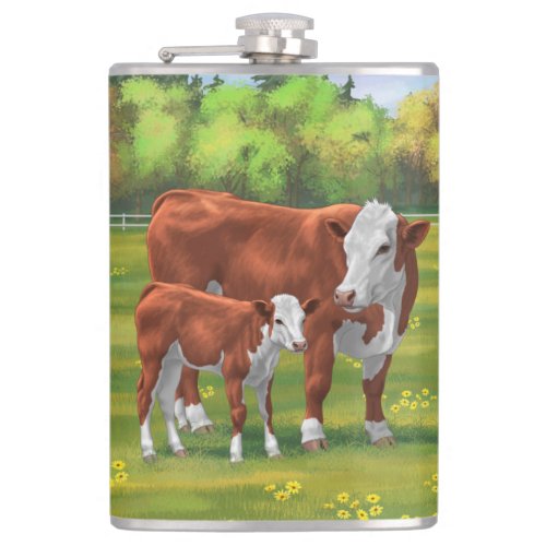 Hereford Cow  Cute Calf in Summer Pasture Flask