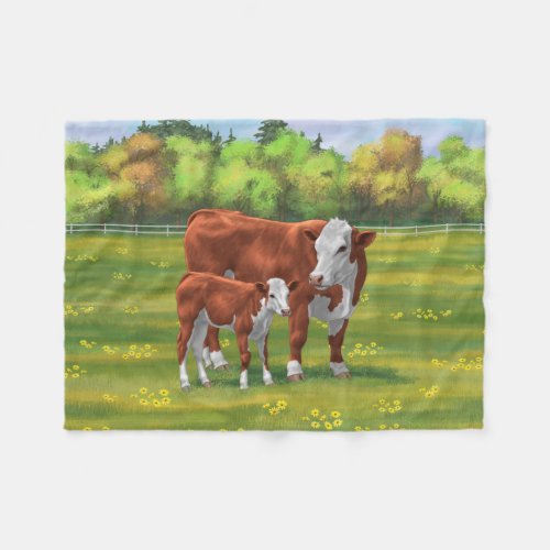 Hereford Cow  Cute Calf in Summer Pasture Fleece Blanket