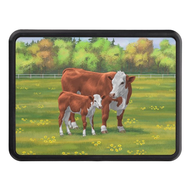 Hereford Cow & Cute Calf in Summer Pasture Hitch Cover (Front)