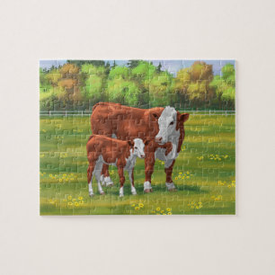Hereford Cow & Cute Calf in Summer Pasture Jigsaw Puzzle