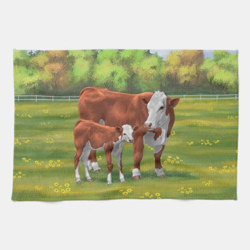 Hereford Cow  Cute Calf in Summer Pasture Kitchen Towel