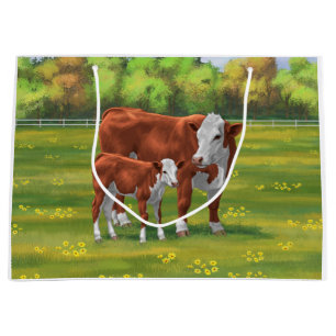 Hereford Cow & Cute Calf in Summer Pasture Large Gift Bag