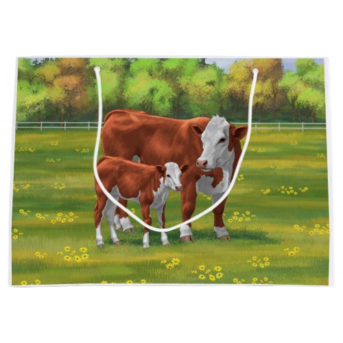 Hereford Cow  Cute Calf in Summer Pasture Large Gift Bag