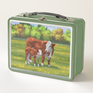 Hereford Cow & Cute Calf in Summer Pasture Metal Lunch Box