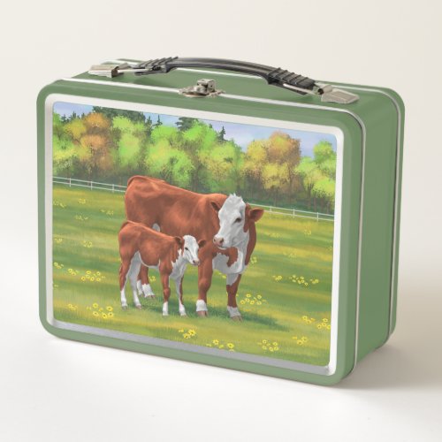 Hereford Cow  Cute Calf in Summer Pasture Metal Lunch Box