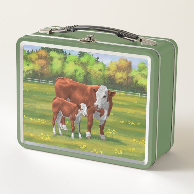 Hereford Cow & Cute Calf in Summer Pasture Metal Lunch Box (Front)