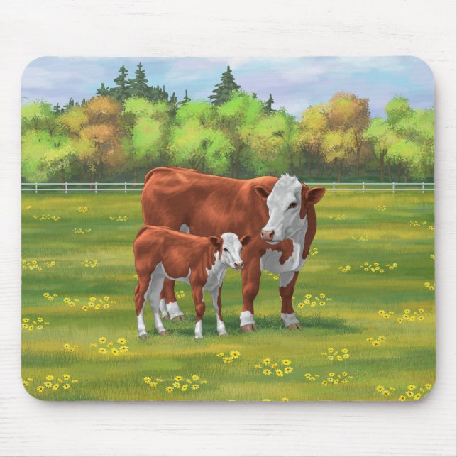 Hereford Cow & Cute Calf in Summer Pasture Mouse Pad (Front)