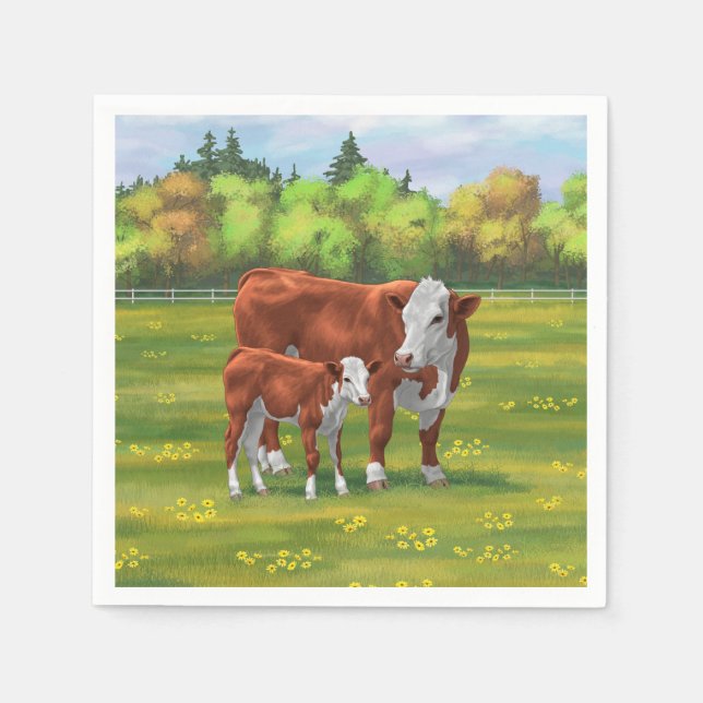 Hereford Cow & Cute Calf in Summer Pasture Napkins (Front)