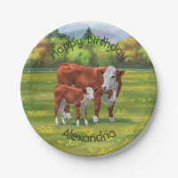 Hereford Cow & Cute Calf in Summer Pasture