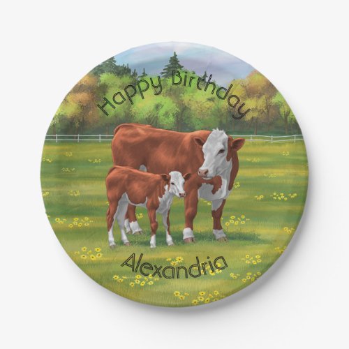 Hereford Cow  Cute Calf in Summer Pasture Paper Plates