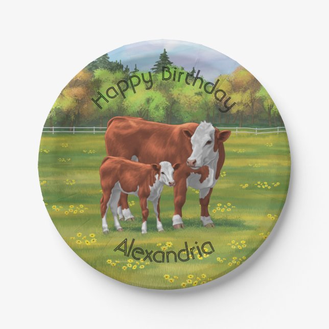 Hereford Cow & Cute Calf in Summer Pasture Paper Plates (Front)
