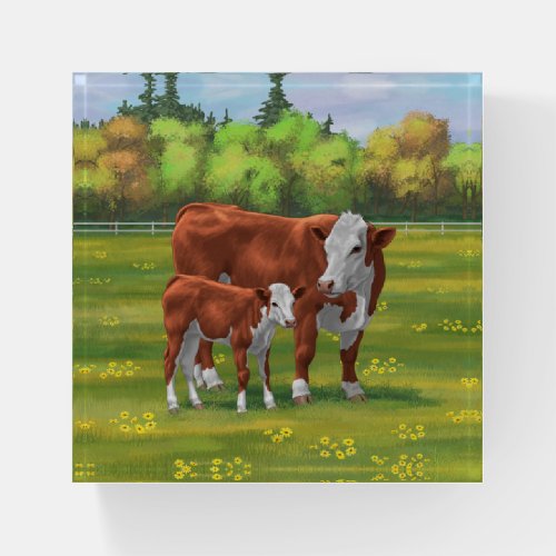 Hereford Cow  Cute Calf in Summer Pasture Paperweight