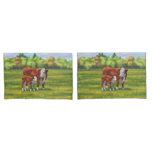 Hereford Cow & Cute Calf in Summer Pasture Pillow Case
