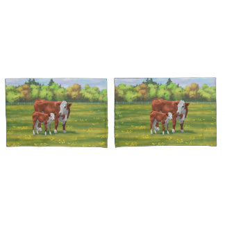 Hereford Cow & Cute Calf in Summer Pasture Pillow Case