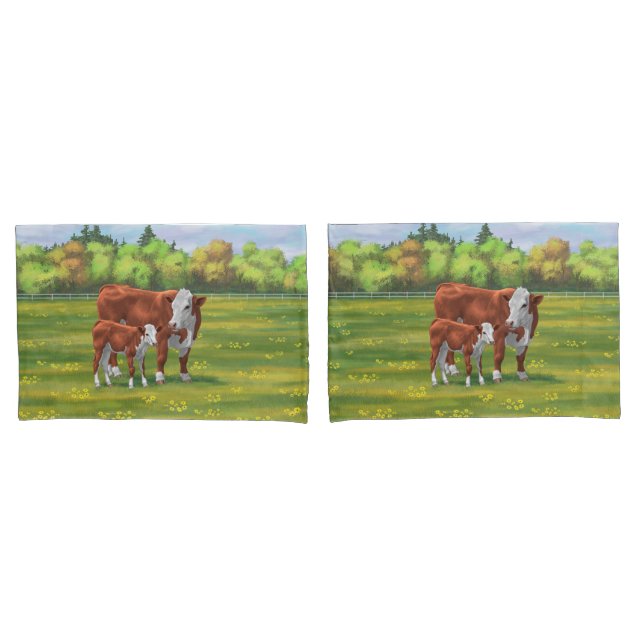 Hereford Cow & Cute Calf in Summer Pasture Pillow Case (Front-Set)