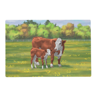 Hereford Cow & Cute Calf in Summer Pasture Placemat