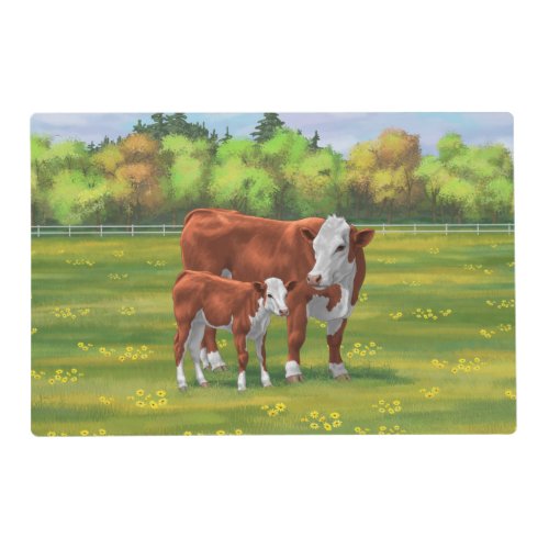 Hereford Cow  Cute Calf in Summer Pasture Placemat