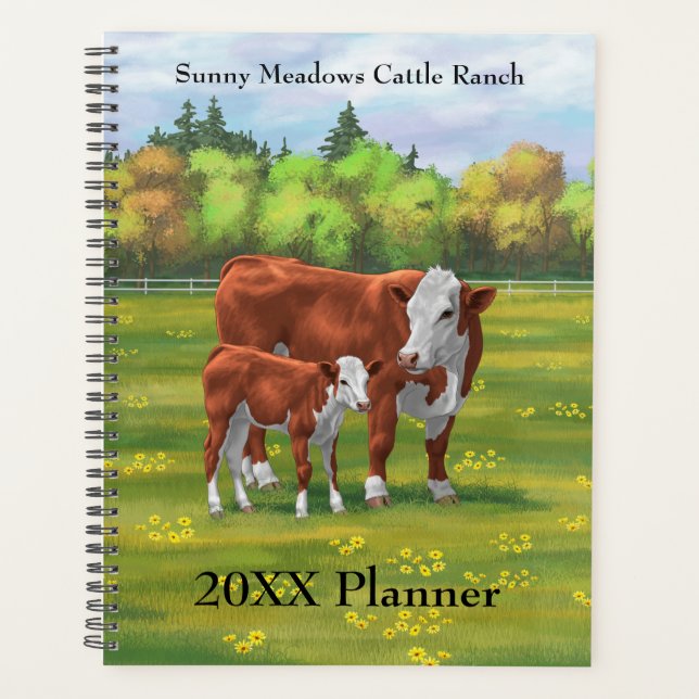 Hereford Cow & Cute Calf in Summer Pasture Planner (Front)