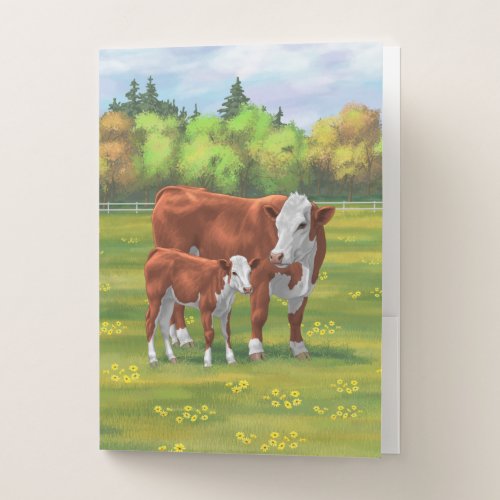 Hereford Cow  Cute Calf in Summer Pasture Pocket Folder
