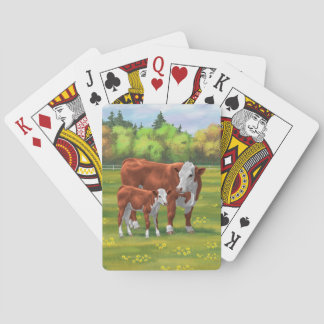 Hereford Cow & Cute Calf in Summer Pasture Poker Cards