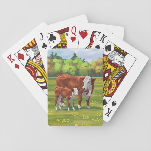 Hereford Cow  Cute Calf in Summer Pasture Poker Cards