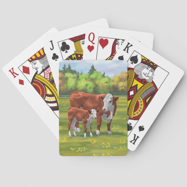 Hereford Cow & Cute Calf in Summer Pasture Poker Cards (Back)