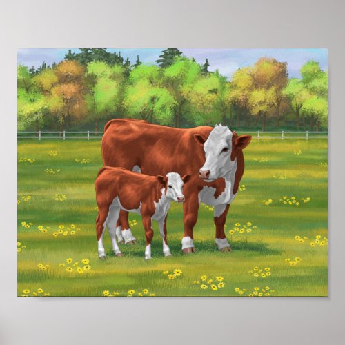 Hereford Cow  Cute Calf in Summer Pasture Poster