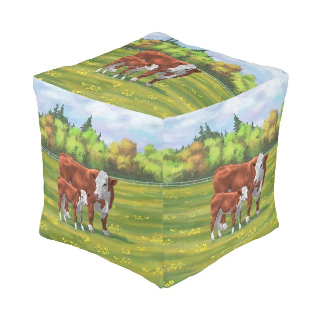 Hereford Cow & Cute Calf in Summer Pasture Pouf (Angled Front)