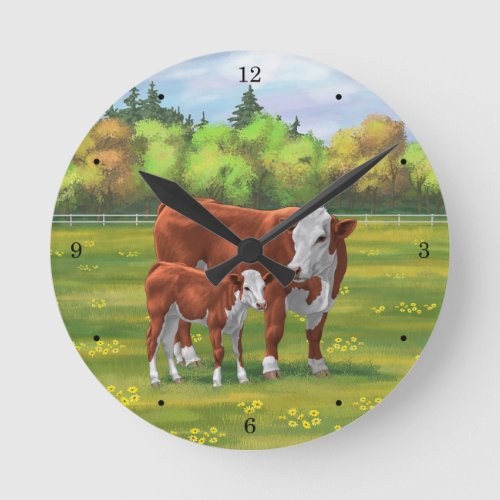 Hereford Cow  Cute Calf in Summer Pasture Round Clock