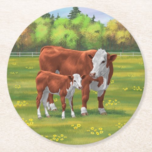 Hereford Cow  Cute Calf in Summer Pasture Round Paper Coaster