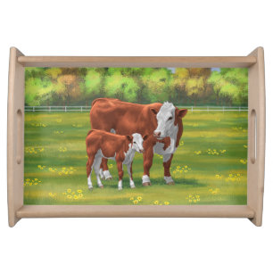 Hereford Cow & Cute Calf in Summer Pasture Serving Tray