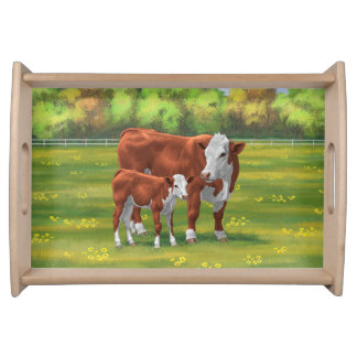 Hereford Cow & Cute Calf in Summer Pasture Serving Tray