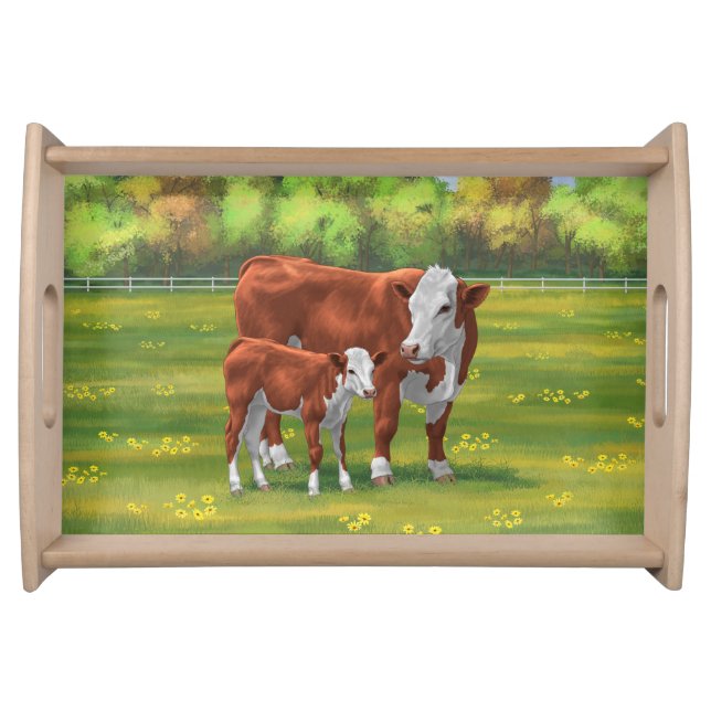 Hereford Cow & Cute Calf in Summer Pasture Serving Tray (Front)