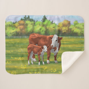 Hereford Cow & Cute Calf in Summer Pasture Sherpa Blanket