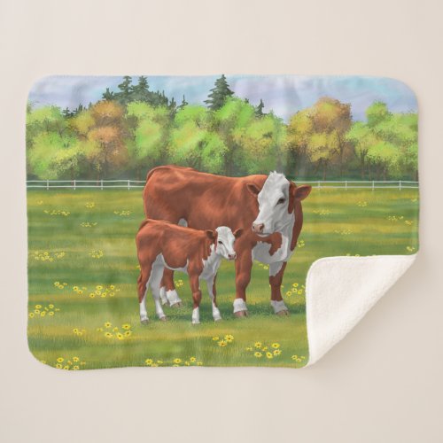 Hereford Cow  Cute Calf in Summer Pasture Sherpa Blanket