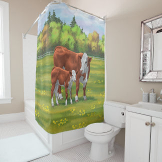 Hereford Cow & Cute Calf in Summer Pasture Shower Curtain