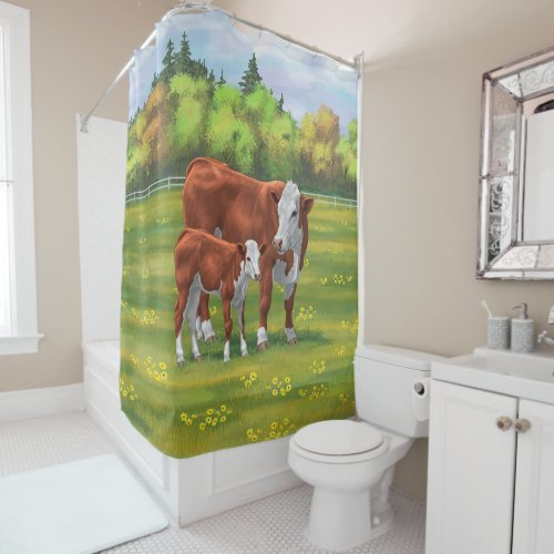 Hereford Cow  Cute Calf in Summer Pasture Shower Curtain