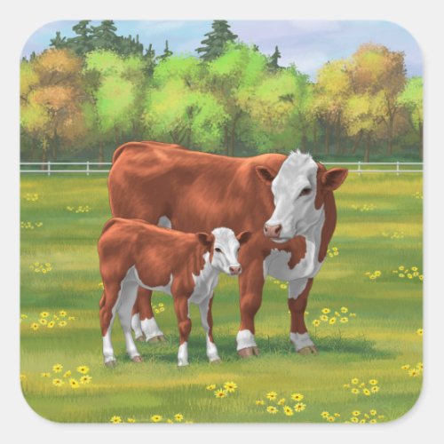 Hereford Cow  Cute Calf in Summer Pasture Square Sticker