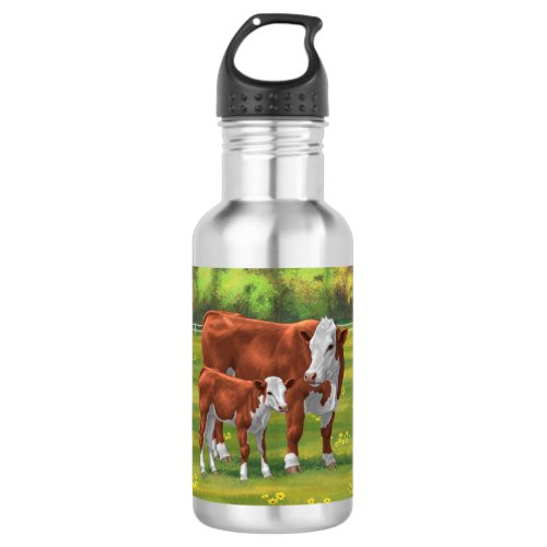 Hereford Cow  Cute Calf in Summer Pasture Stainless Steel Water Bottle