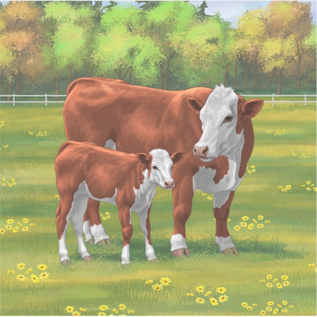 Hereford Cow & Cute Calf in Summer Pasture Sticker (Front)