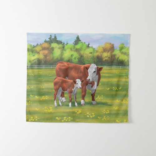 Hereford Cow  Cute Calf in Summer Pasture Tapestry