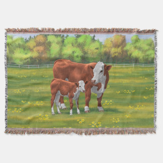 Hereford Cow & Cute Calf in Summer Pasture Throw Blanket