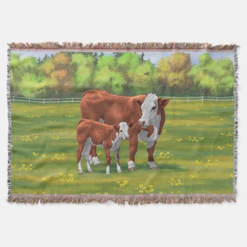 Hereford Cow  Cute Calf in Summer Pasture Throw Blanket