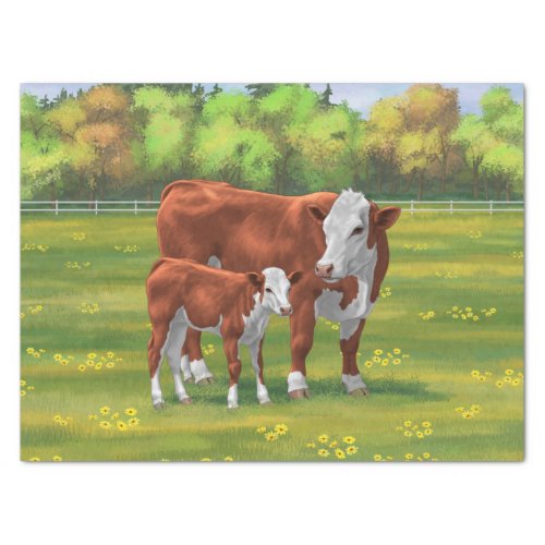 Hereford Cow  Cute Calf in Summer Pasture Tissue Paper
