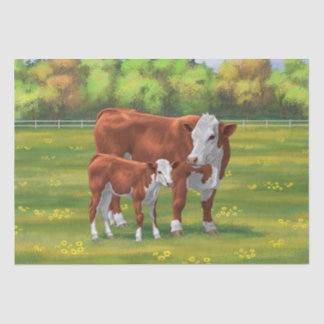 Hereford Cow & Cute Calf in Summer Pasture Tissue Paper