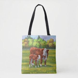 Hereford Cow & Cute Calf in Summer Pasture Tote Bag