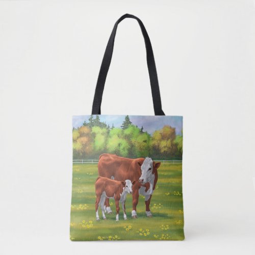 Hereford Cow  Cute Calf in Summer Pasture Tote Bag