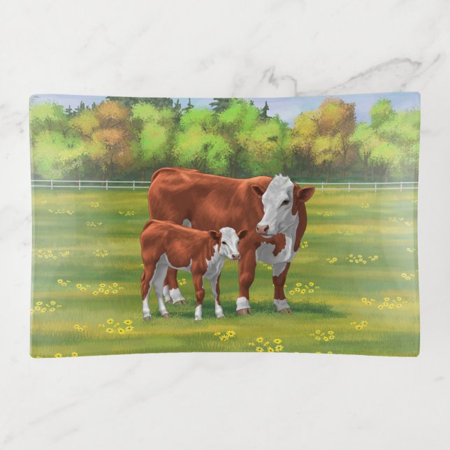 Hereford Cow & Cute Calf in Summer Pasture Trinket Tray (Front)