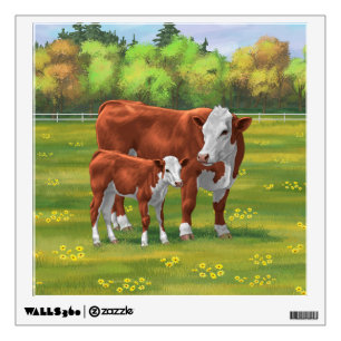 Hereford Cow & Cute Calf in Summer Pasture Wall Decal